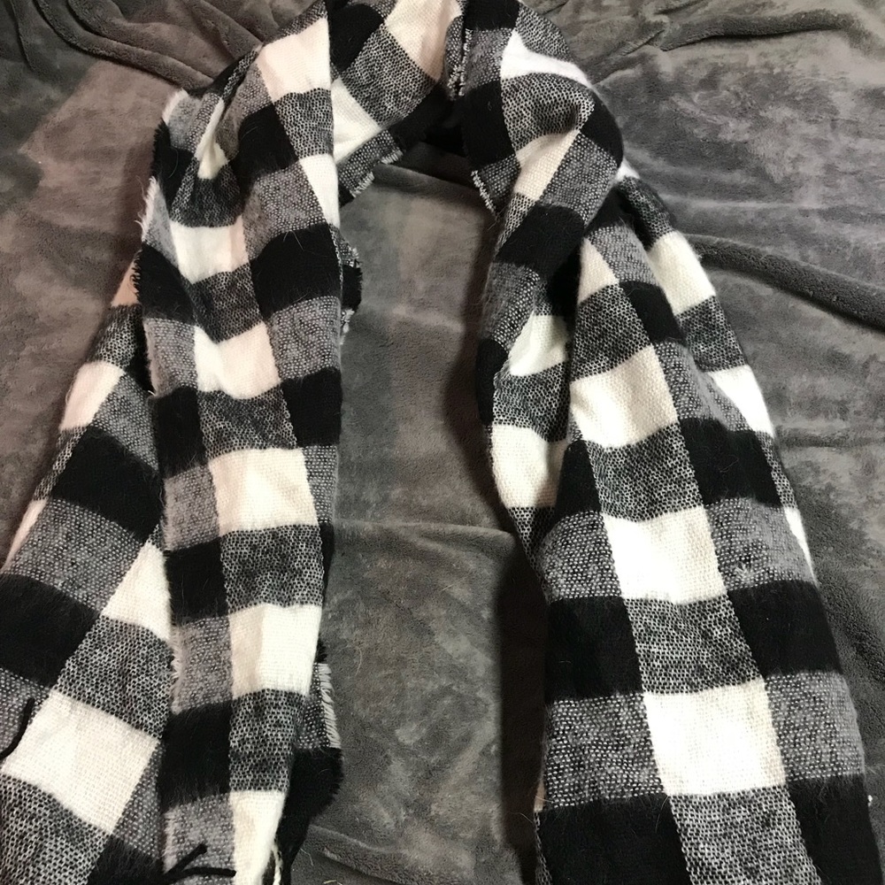 Soft flannel plaid winter scarf with fringe.